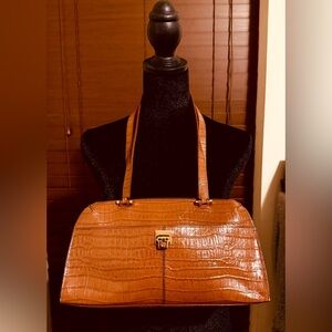 Etienne Aigner Croc Embossed Brown Shoulder Bag Gold Hardware